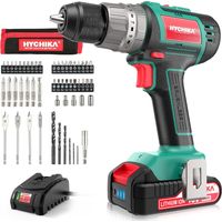 HYCHIKA Akkuschrauber 60 Nm Max, 18 V Bohrmaschine, bürstenlos mit 2,0 Ah Akku und 53-teiligem Zubehörset, 2 Gänge, 21 + 3 Drehmomentstufen, Bohrmaschine mit Hammerfunktion