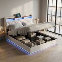 Letto contenitore 140x200, letto matrimoniale imbottito trapuntato con illuminazione LED e porte USB/Type-C, testiera con contenitore, letto per adulti, lino, stile moderno, Beige