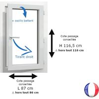 Fenêtre PVC blanc 1 vantail hors tout H 116 x L 86 cm oscillo battant pour pose rénovation - tirant droit