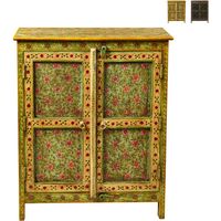 Buffet ethnique décoré avec 2 portes en bois multicolore 75x35x90 Frida - Jaune