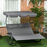 Chaise longue double avec toit solaire appui-têtes bain de soleil à bascule ergonomique 2 roues 200 x 139 x 140 cm noir