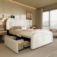 Modernluxe – Lit simple rembourré en sherpa avec 2 tiroirs – 90x200cm – Éclairage LED intégré et ports de charge USB – Blanc