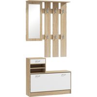 Mueble recibidor con espejo perchero y zapatero 2 piezas con ganchos estantes cajón natural