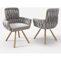 FurnitureR Swivel Dining Chairs Set of 2, Grey Velvet Upholstered Kitchen Chairs with Gold Metal Legs, Modern Accent Dining Chairs with Curved Backrest & Armrests