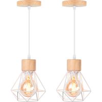 2PCS Pendant Light in Cage Diamond Made of Metal E27 Ceiling Light in Wood for Kitchen Island Dining Room White