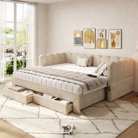 Sofá cama infantil/cama nido de 90x190 cm, extensible hasta 180 cm, tapizado con 2 cajones, puertos USB/Tipo-C, ropa de cama beige oscuro