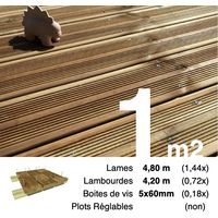Kit terrasse Pin autoclave Marron pour 1 m² • Lames 4,8 m, lambourdes 4,2 m et visserie Inox