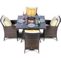 Savannah Fire Pit 4 Seater Square Rattan Dining Set - Brown