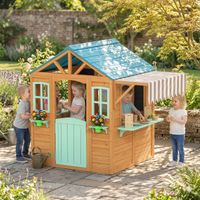 Casita de juegos de madera para exteriores para niños, casita de juegos para exteriores, soporte para macetas, pizarra, juego de lanzamiento de 4 pelotas, multicolor