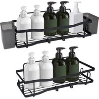 Étagère Murale Salle de Bain sans Percage, Lot de 2 avec Crochets, Supports Adhésifs et Porte-Brosses à Dents Inclus, Noir