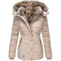 Warme Damen-Winterjacke mit Pelzkragen, Reißverschluss, langen Ärmeln, taillierter Passform und Kapuze (XS Apricot)