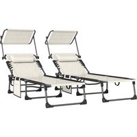 Set de 2 Tumbonas Plegables con Reposacabezas Parasol Bolsillo Lateral y Respaldo Reclinable en 5 Posiciones Crema