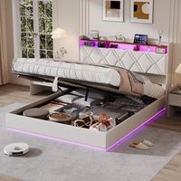 Lit adulte 140x200 cm avec coffre de rangement, LED RGB et chargement USB/Type-C Moderne - Lin Beige