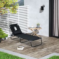 Transat pliable de jardin noir, chaise longue inclinable pour détente, lecture et bronzage extérieur