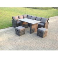 Fimous Hoher Rücken Grau gemischt Rattan Ecksofa Esstisch Set Tisch mit Hockern 8 Sitzer Linke Ecke