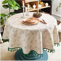 Nappe Ronde Lin Coton imprimé Fleuri, Nappe Table Ronde à Franges Lavable, Petite Nappe Ronde Anti Tache 150cm Round Tablecloth (Beige)