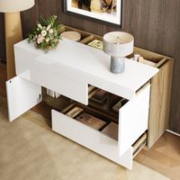Aparador de cocina con 2 puertas y 2 cajones, soporte para TV LED, mueble de entrada, 120×37×76,5 cm, Natural + Blanco