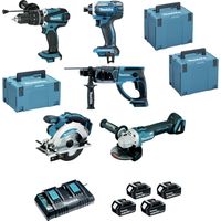 Pack de 5 machines MAKITA DLX5039PTJ (DHP458 + DTD152 + DGA504 + DHR202 + DSS610) + 4 x 18V 5Ah + Chargeur double + 3 MAKPAC