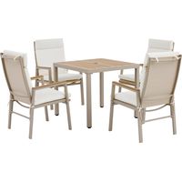 Ensemble jardin 4 places – Table 84x84 cm + 4 chaises, acier galvanisé, plateau bois composite, assise Textilène respirante, coussins 25D – Khaki + Beige