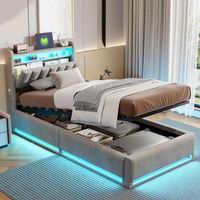 Letto contenitore 90x200,con testiera contenitore, strisce luminose a LED su testa e piedi del letto, velluto, gris