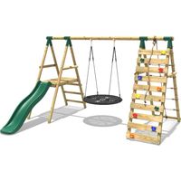 Wooden Swing Set with Nest Swing, Slide and Climbing Wall - Pyrite Green