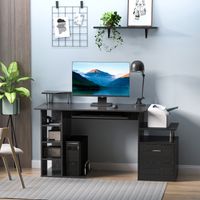 Bureau d'ordinateur moderne avec tiroirs, étagères et clavier coulissant, bureau en bois noir pour la maison, 152 x 60 x 88 cm
