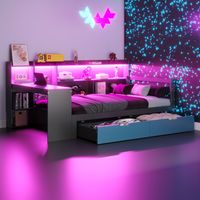 Letto multifunzionale in legno nero e blu 90x200 cm con scrivania, scaffali, cassetti, LED e prese USB