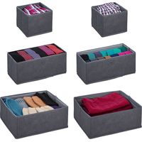 Relaxdays Organizer per Cassetti, Set da 6 Scatole Portaoggetti per Armadio, Cestini in 3 Differenti Grandezze, Grigio