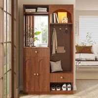 Meuble d’entrée avec miroir et assise rembourrée – Rangement chaussures, patères intégrées – Ensemble gain de place pour – Finition bois Naturel, 100x35x180 cm