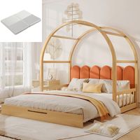 (Mit Matratze) Ausziehbares Bogendachbett, Schiebebett, Babybett, Tagesbett, Doppelbett, Samtkissen, Gestell Kiefer, Natur und Orange (140 x 100 cm und 140 x 200 cm)