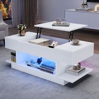 Tavolino da caffè bianco sollevabile con LED 98 x 45 x 40 cm, tavolino da divano lucido con 2 cassetti pieghevoli, tavolo da soggiorno moderno
