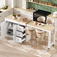 Isla de cocina - 112-186,8 x 45 x 93 cm - Encimera extensible con ruedas y espacio de almacenamiento - Blanco