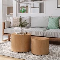 Nesting Coffee Table Set of 2, Modern Round Coffee Table, Wooden Circle Accent Tables for Small Spaces Living Room Bedroom Balcony Office Drum Side Table, Natural Wood with Real Tree Ring