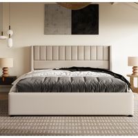 Cama canapé tapizada moderna de lino beige 180x200 cm con cabecero, somier de láminas y apertura hidráulica