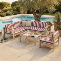 Salon 6 de jardin places en alu crème et bois, housse à rayures rouges