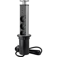 Emuca – Multiprise relevable 3 prises Schuko – Puissance 3500W – Installation facile Ø60mm – Câble 1,8m avec prise 230V – Connecteurs USB A et C