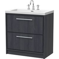 Longnor 2 Drawer Floor Standing Vanity Unit with 3 Tap Hole Modern Fireclay Basin, Woodgrain Graphite Grey, 800mm