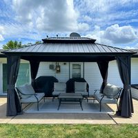 PURPLE LEAF Pergola de Jardin Extérieur Économique, Hardtop Tonnelle, Pavillon en Aluminium avec Toit Double en Acier Galvanisé, Gazebo avec Moustiquaire et Rideaux, 4.25 x 3 m, Gris