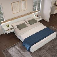 Letto per Adulti 205 x 244 cm in Legno, Letto Matrimoniale con Comodino con Cassetti, LED, senza Materasso, Rovere