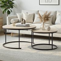 Set mit 2 ineinanderstellbaren runden Couchtischen mit Metallrahmen, Eiche, 80x80x45 cm
