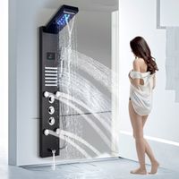 LED Hydromassage Shower Column Mixer 5 Functions Shower Panel Set for Bathroom Stainless Steel System Set with Fixed Shower Head,Massage,Hand Shower and Spout Bathtub,Black