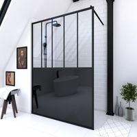 paroi de douche 140x200 cm type verriere - verre trempe et structure aluminium noir mat