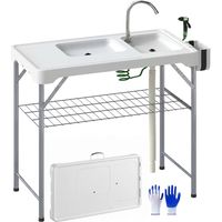 Mesa de camping plegable con 2 fregaderos, manguera de desagüe, estación de limpieza y grifo (blanca)