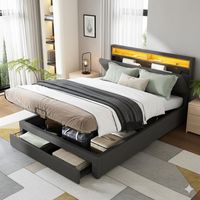 Bett 140 x 190 cm – Bettkasten 140 x 190 cm und Lattenrost – mit Schubladen und klappbarem Kopfteil – graues Leinen