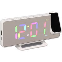 Horloge numérique multifonctionnelle de table avec projection miroir et grand écran LED RGB, alarme électronique blanche.