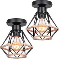 Plafonnier Industriel Vintage Luminaire Abat-jour Cage Lampe Suspension Métal Corde de Chanvre Ø16CM Noir E27 - 2Pcs