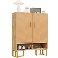 AS EASY Meuble à chaussures moderne et minimaliste, veinage bois unique, structure en fer doré, meuble de rangement à deux portes, meuble à chaussures étroit, étagère à chaussures, meuble à chaussures