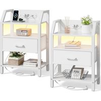 Mesita de noche - Juego de 2 - Tomas y puertos USB - Banda LED - 1 cajón de tela (blanco)
