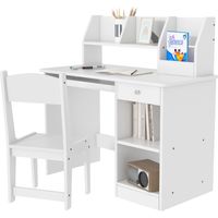 ZONEKIZ Tavolo Scrivania per Bambini con Sedia, Banco Scuola per Bambini da 5 a 8 Anni in Legno con Scaffale e Seggiola, Bianco