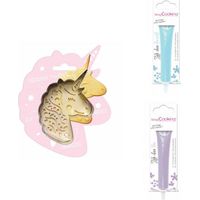 Kit pour biscuit en relief Licorne + 2 Stylos au chocolat bleu pastel et lilas